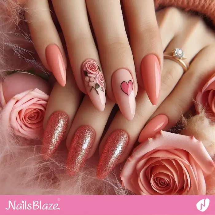 Peach Fuzz Nails with Glitter and Flower Design | Valentine Nails - NB2356